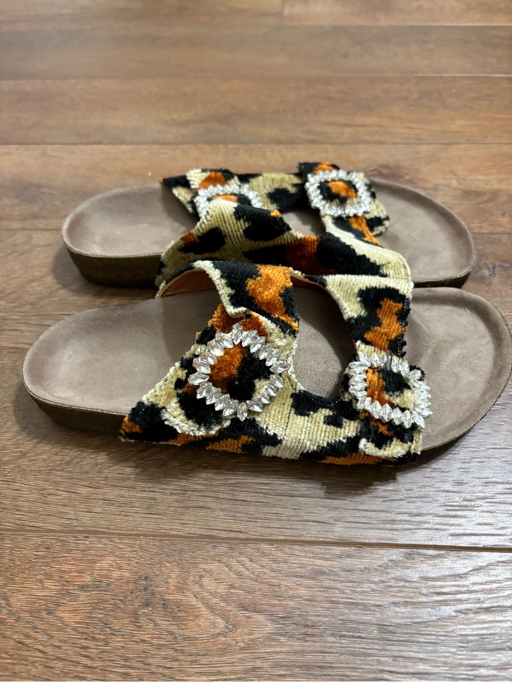 Baldiz Leopard Rhinestone Buckle Slide Sandals Size 39